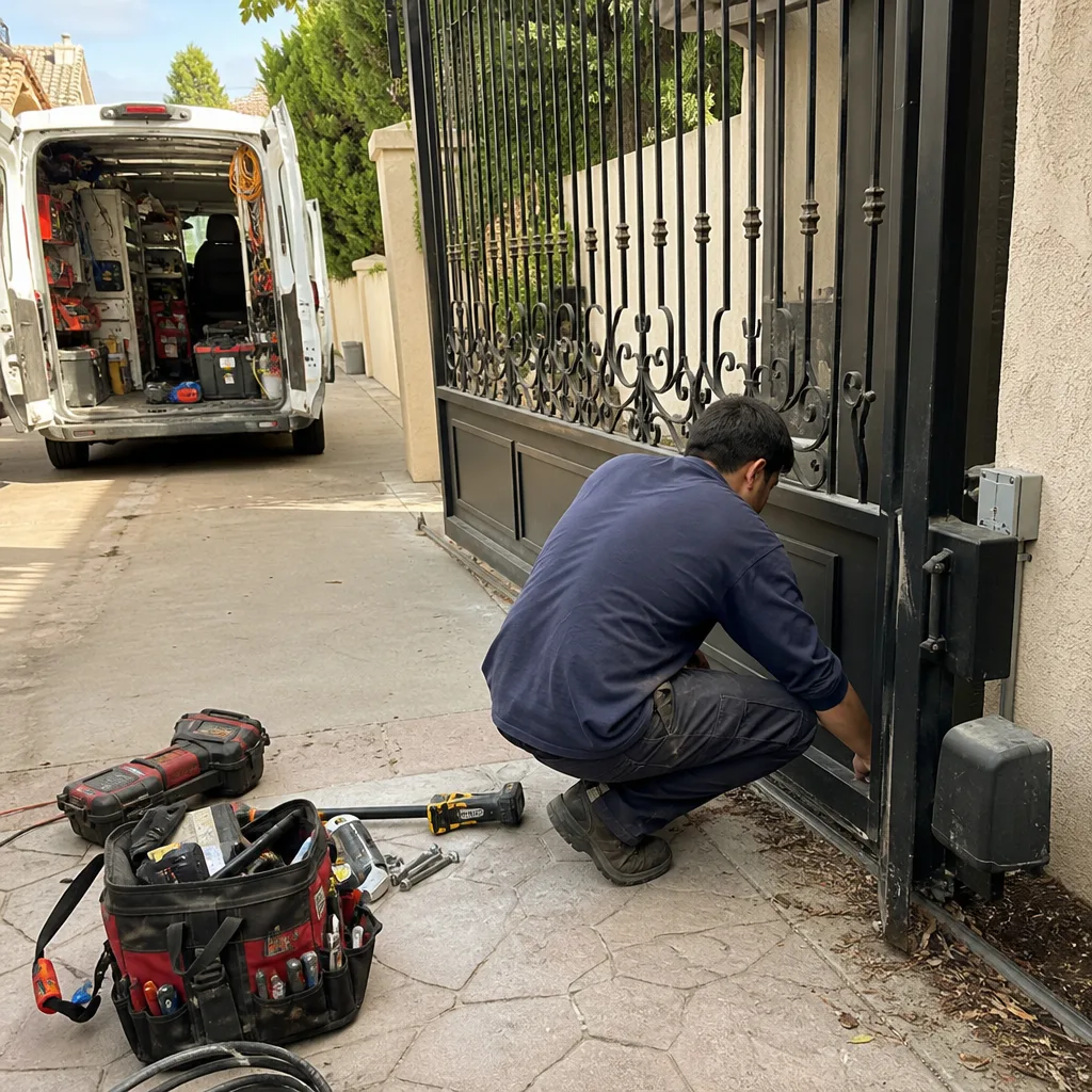 Technician performing professional gate opener repair on an iron gate