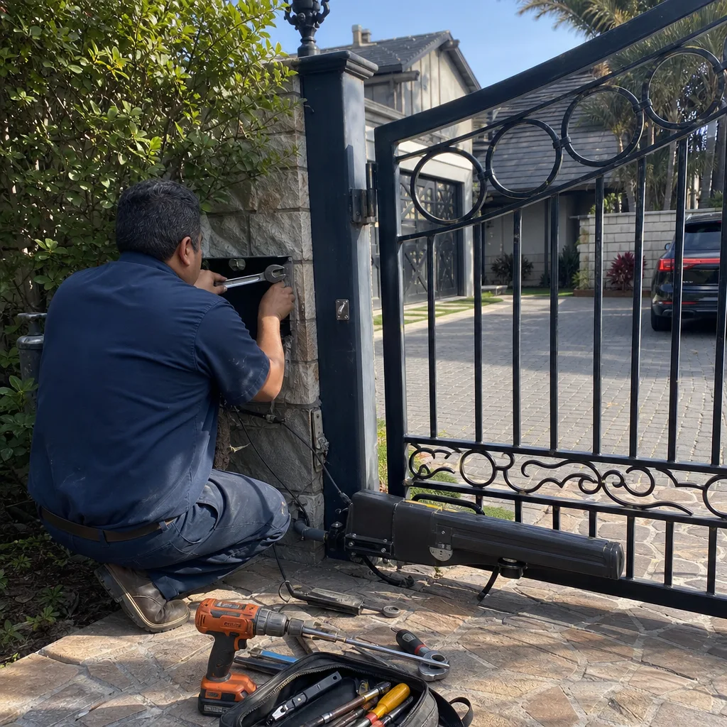 Technician performing professional automatic gate opener repair and maintenance