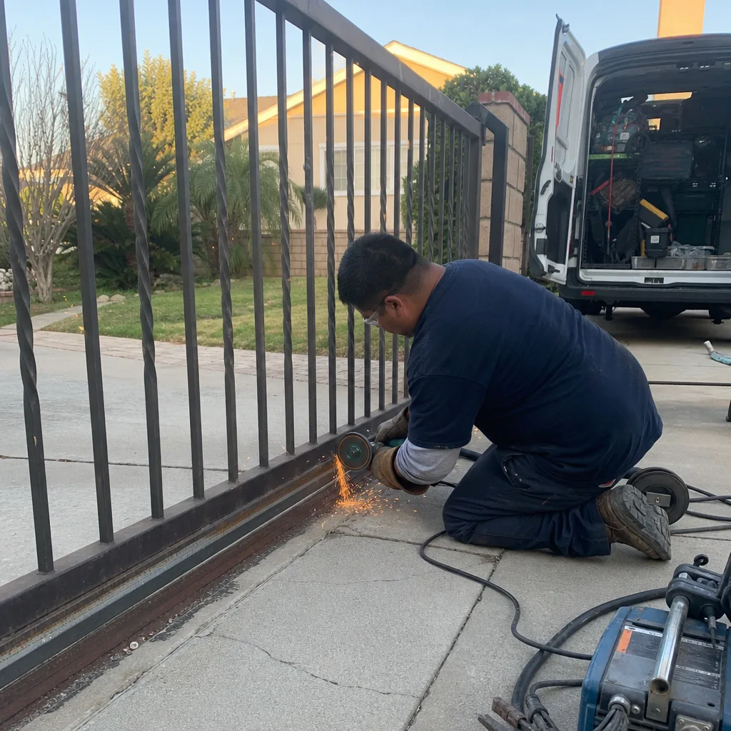 Technician using an angle grinder to repair a residential metal gate