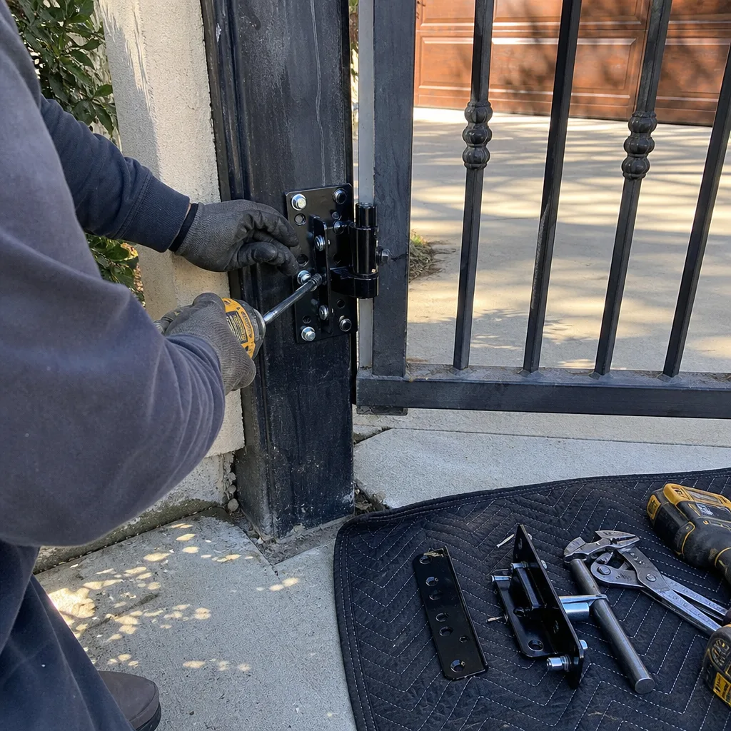 Technician using a power drill to install a new gate hinge